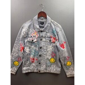 Waimea Denim Jacket Mens Light Blue Graffiti Print Streetwear Large